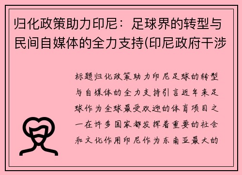 归化政策助力印尼：足球界的转型与民间自媒体的全力支持(印尼政府干涉足球)