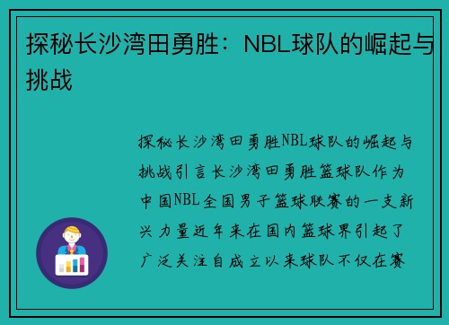 探秘长沙湾田勇胜：NBL球队的崛起与挑战