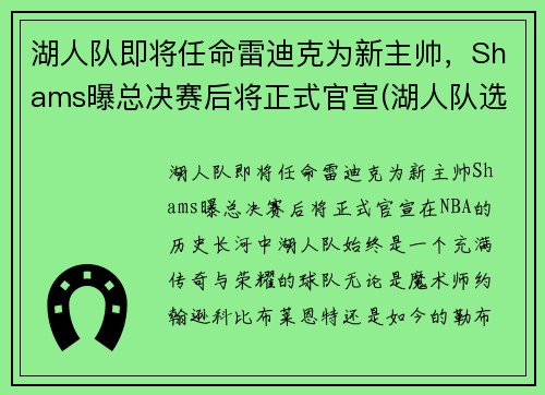 湖人队即将任命雷迪克为新主帅，Shams曝总决赛后将正式官宣(湖人队选手)