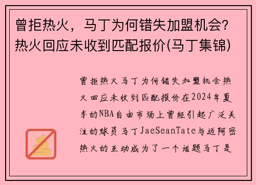 曾拒热火，马丁为何错失加盟机会？热火回应未收到匹配报价(马丁集锦)