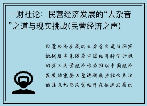 一财社论：民营经济发展的“去杂音”之道与现实挑战(民营经济之声)